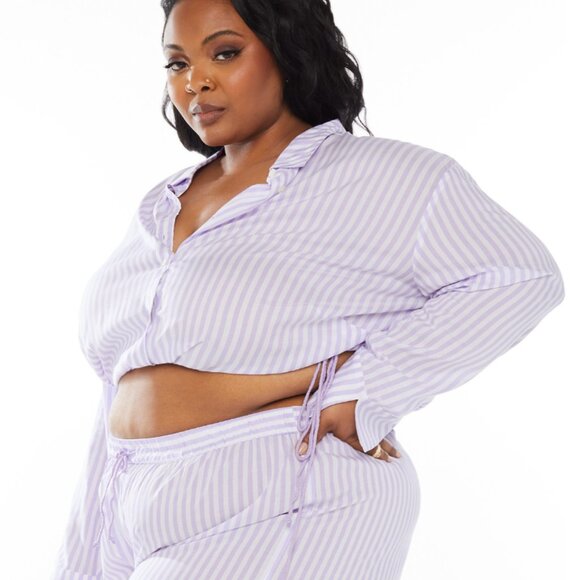 Savage X Fenty Other - Savage X Fenty Coastal Stripe Woven Voile Sleep Crop Shirt with Drawstring | 3X